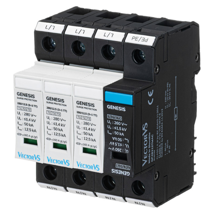 Обмежувач перенапруги Vector VS GENESIS 4P 230/280В AC 50 кА Клас I+II+III/Клас B+C+D (3+1 TT)