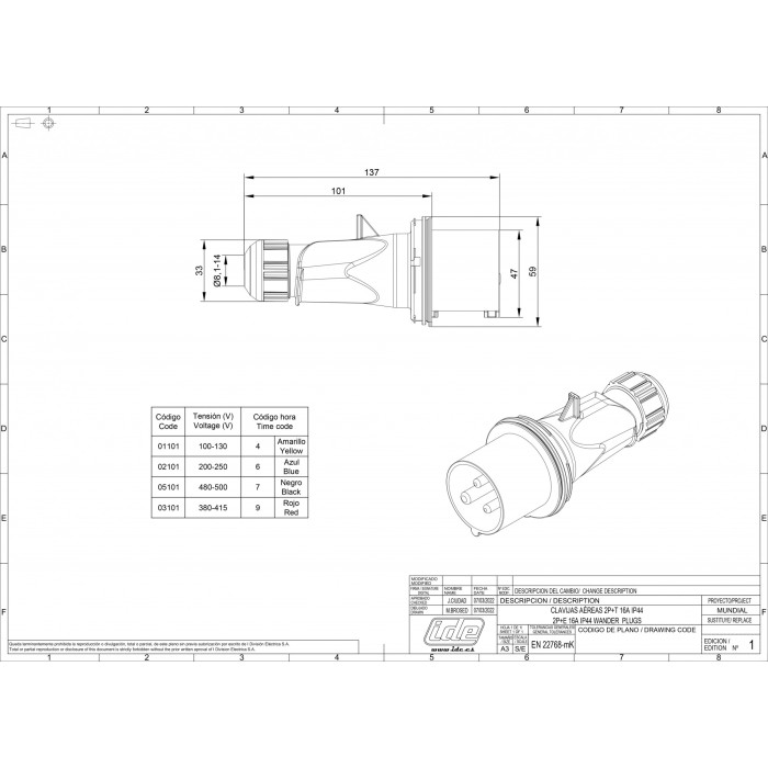 Вилка кабельна IDE MUNDIAL 2P+E 16 А 220–250 В IP44 - 02101