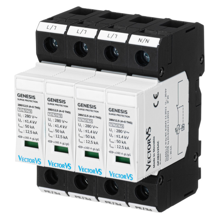 Обмежувач перенапруги Vector VS GENESIS 4P 230/280В AC 50 кА Клас I+II+III/Клас B+C+D (4+0 TNS)