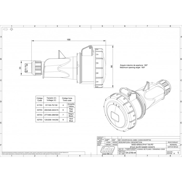Розетка кабельна IDE MUNDIAL 3P+N+E 16 А 200/346–240/415 В IP66-67 - 03703