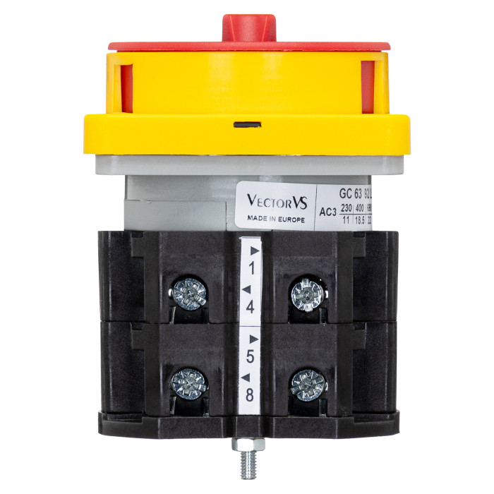 Кулачковий перемикач GC 63A 4P схема 92 (0-1) жовто-червоний