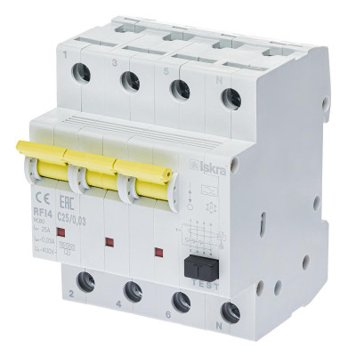 Диференційний автоматичний вимикачISKRA RFI4 3P+N C25A/0.03 10кА