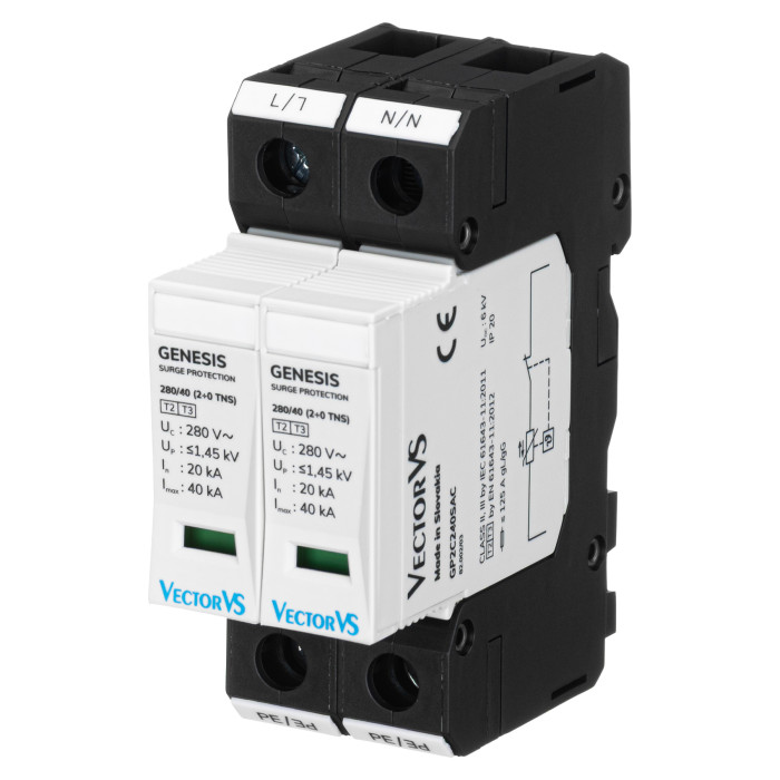 Обмежувач перенапруги Vector VS GENESIS 2P 230/280В AC 40 кА Клас II/Клас C (2+0 TNS)
