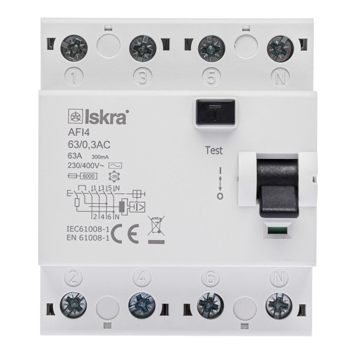 Пристрій захисного відключення ISKRA AFI4 63A 3P+N 0.3А - 030105074000