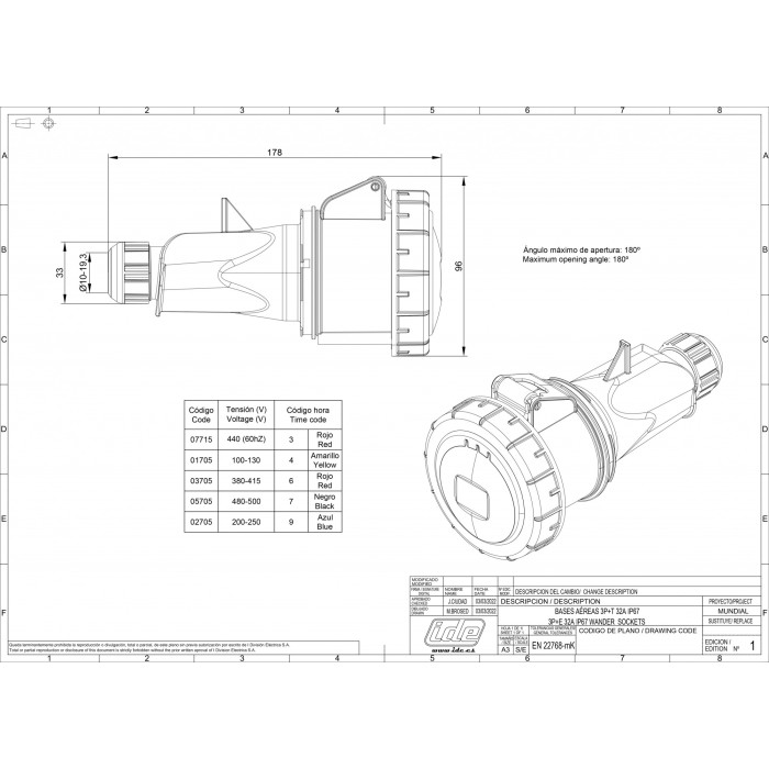 Розетка кабельна IDE MUNDIAL 3P+E 32 А 380–415 В IP66-67 - 03705