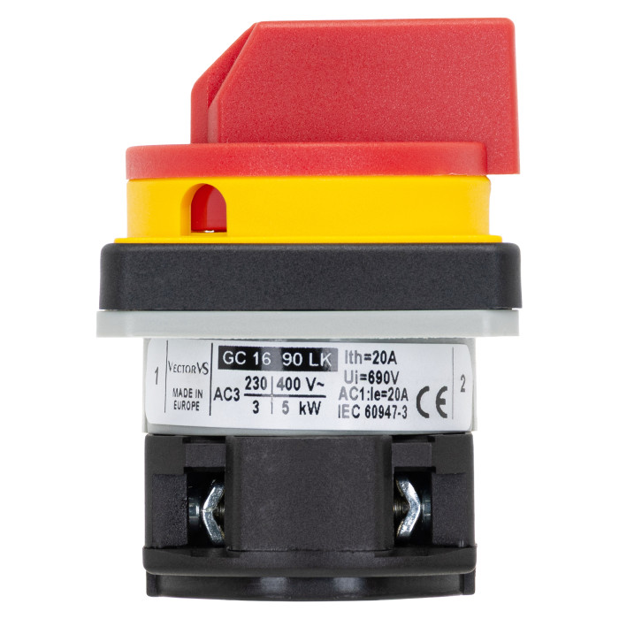Кулачковий перемикач GC 16A 1P схема 90 (0-1) жовто-червоний