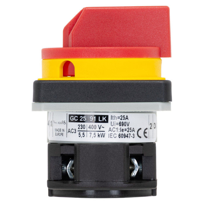 Кулачковий перемикач GC 25A 2P схема 91 (0-1) жовто-червоний