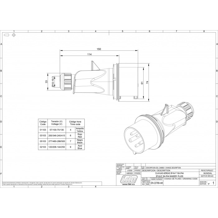 Вилка кабельна IDE MUNDIAL 3P+N+E 16 А 200/346–240/415 В IP44 - 03103