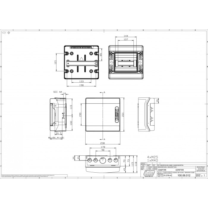 CDN8PT/RR Корпус розподільчий (ABS-пластик) ECOLOGY,1x8 модулів 231x238x118, IP65, з шинами N і PE