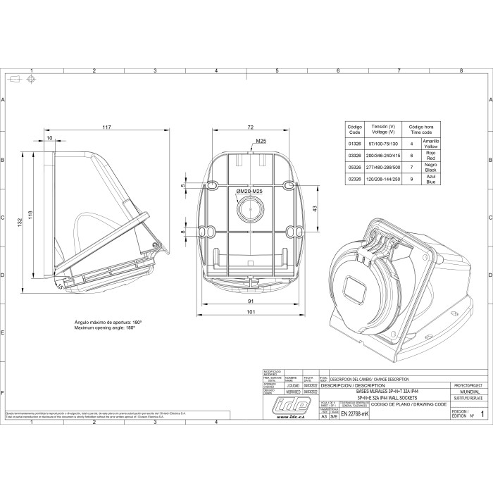 Розетка настінна IDE MUNDIAL 3P+N+E 32A 200/346–240/415V IP44