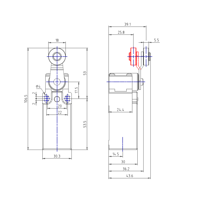 AP1T41W20 Кінц. вимикач,з метал. штовхачем, важельн. привід, сповільнене спрацювання 2NO*