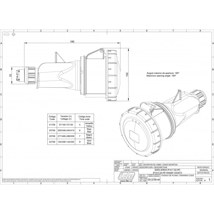 Розетка кабельна IDE MUNDIAL 3P+N+E 32 А 200/346–240/415 В IP66-67 - 03706