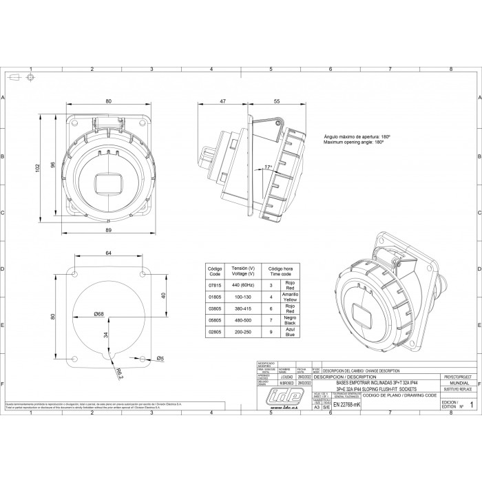 Розетка вбудована похила IDE MUNDIAL 3P+E 32 А 380–415 В IP66-67 - 03805