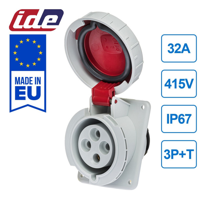 Розетка вбудована похила IDE MUNDIAL 3P+E 32 А 380–415 В IP66-67 - 03805