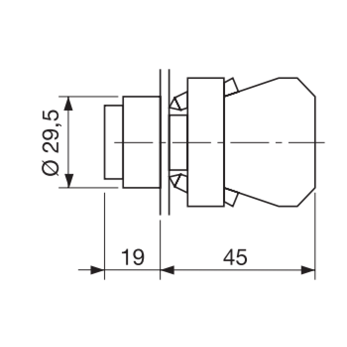 ECX 1112 Кнопка виступаюча без фіксації, зелена, металевий корпус 30 мм