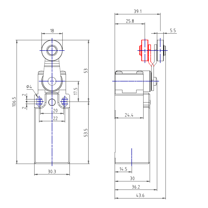 AP1T41Z11 Кінц. вимикач, пласт. корпус з метал. штовхачем, важельн. привід з нейлон. роликом NO+NC