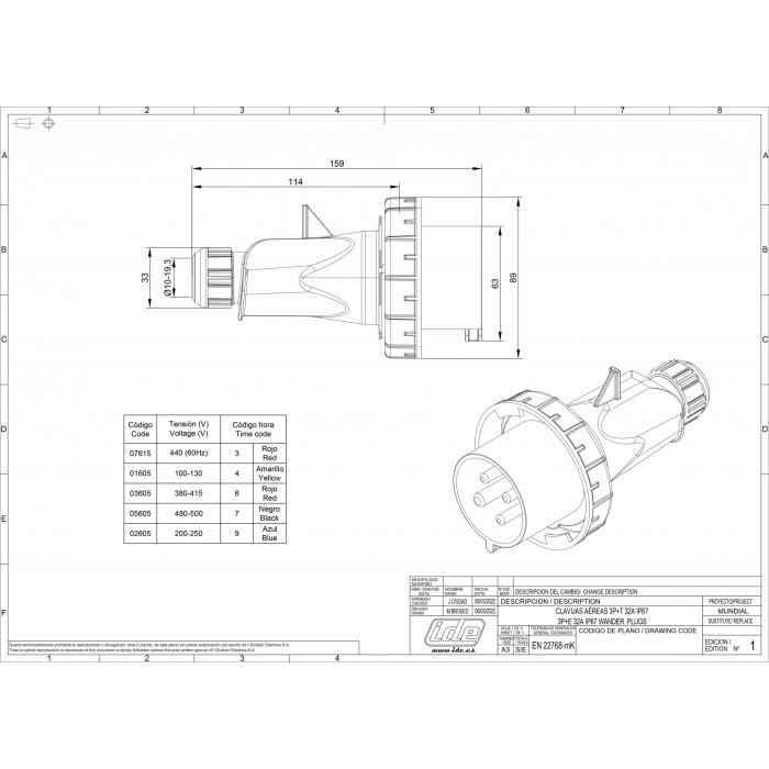 Вилка кабельна IDE MUNDIAL 3P+E 32 А 380–415 В IP66-67 - 03605