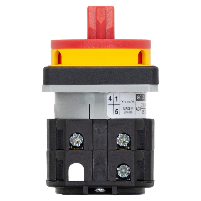 Кулачковий перемикач GC 25A 3P схема 10 (0-1) жовто-червоний