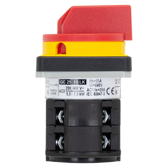 Кулачковий перемикач GC 25A 3P схема 10 (0-1) жовто-червоний