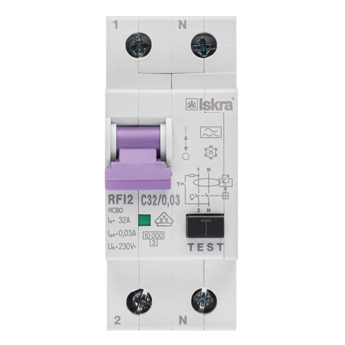 Диференційний автоматичний вимикач ISKRA RFI2 1P+N C32A/0.03 10кА - 786100607000