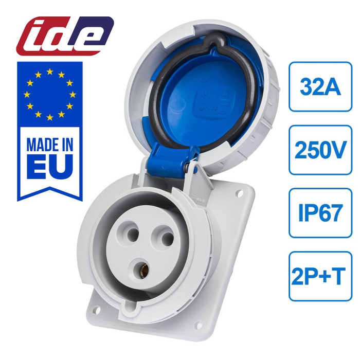 Розетка вбудована похила IDE MUNDIAL 2P+E 32 А 200–250 В IP66-67 - 02804