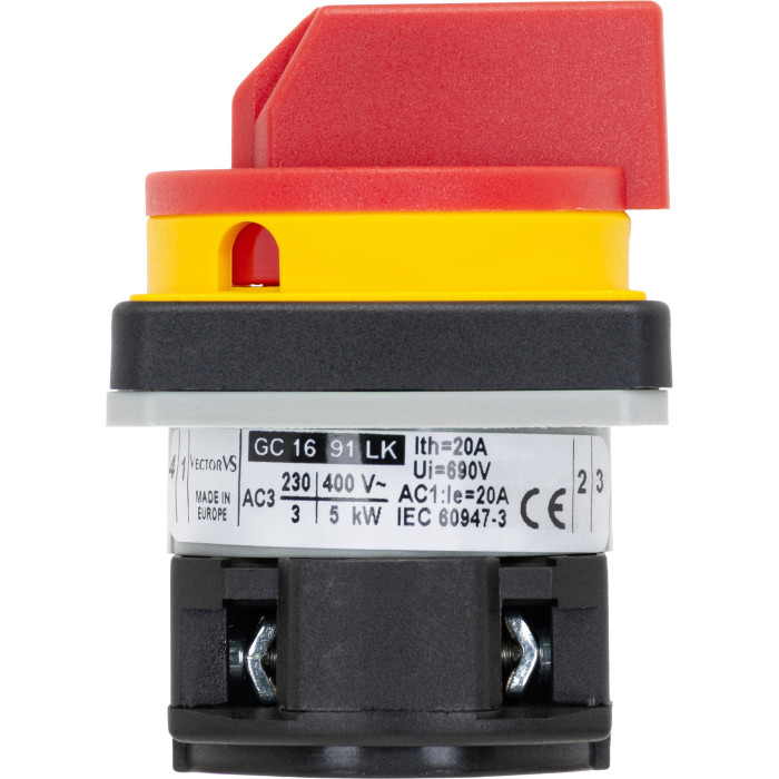 Кулачковий перемикач GC 16A 2P схема 91 (0-1) жовто-червоний
