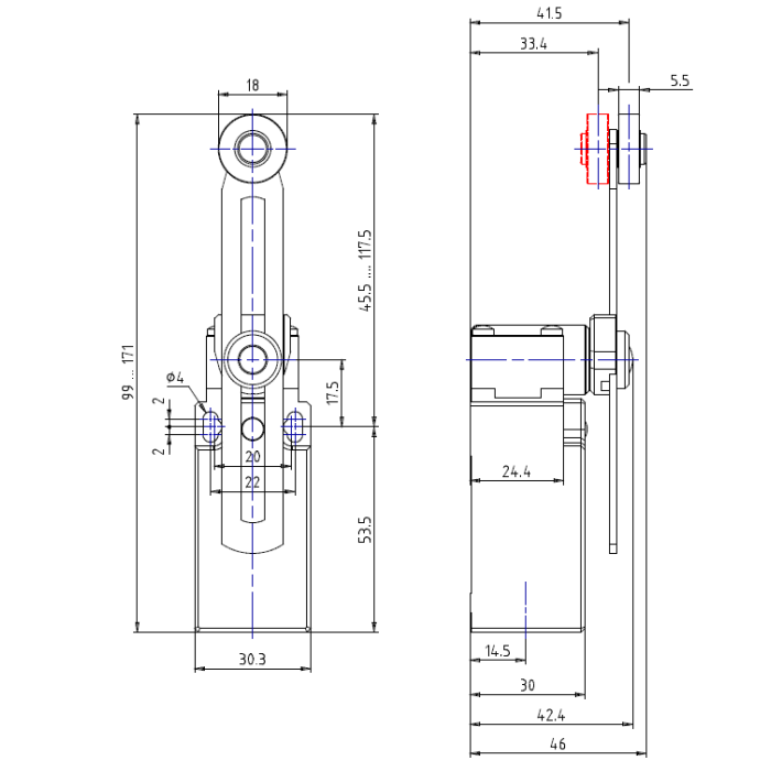 AM1T51Z11 Кінц. вимикач з метал. штовхачем, регульований зубчастий привід з роликом (18х5,5) NO+NC