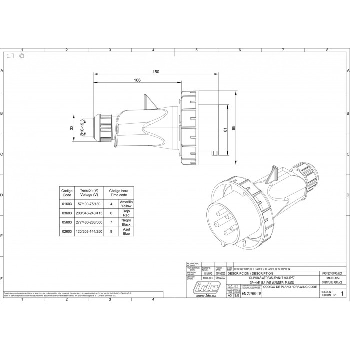 Вилка кабельна IDE MUNDIAL 3P+N+E 16 А 200/346–240/415 В IP66-67 - 03603